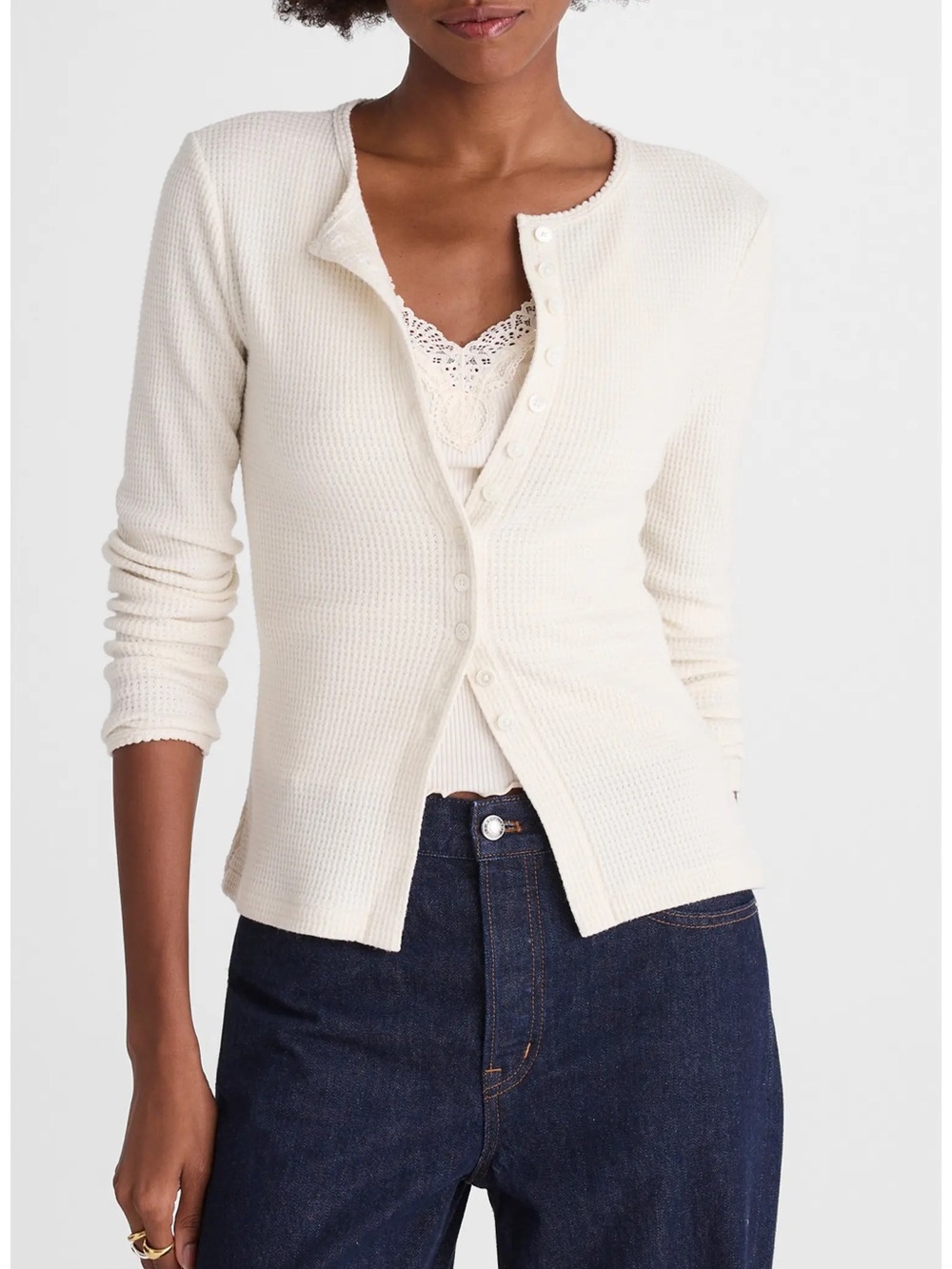 Madewell Waffle-Knit Cutaway Crewneck Cardigan L